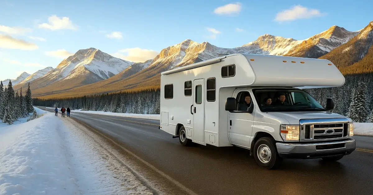 RV driving on a plowed winter highway in the Canadian mountains with passengers enjoying the view