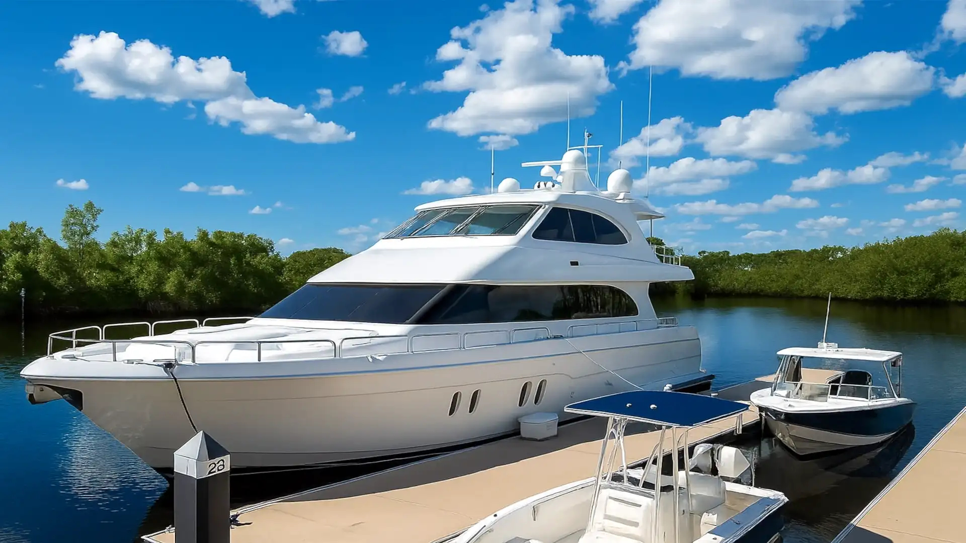 Luxury yacht and motorboat docked at a marina under a blue sky with water reflections.