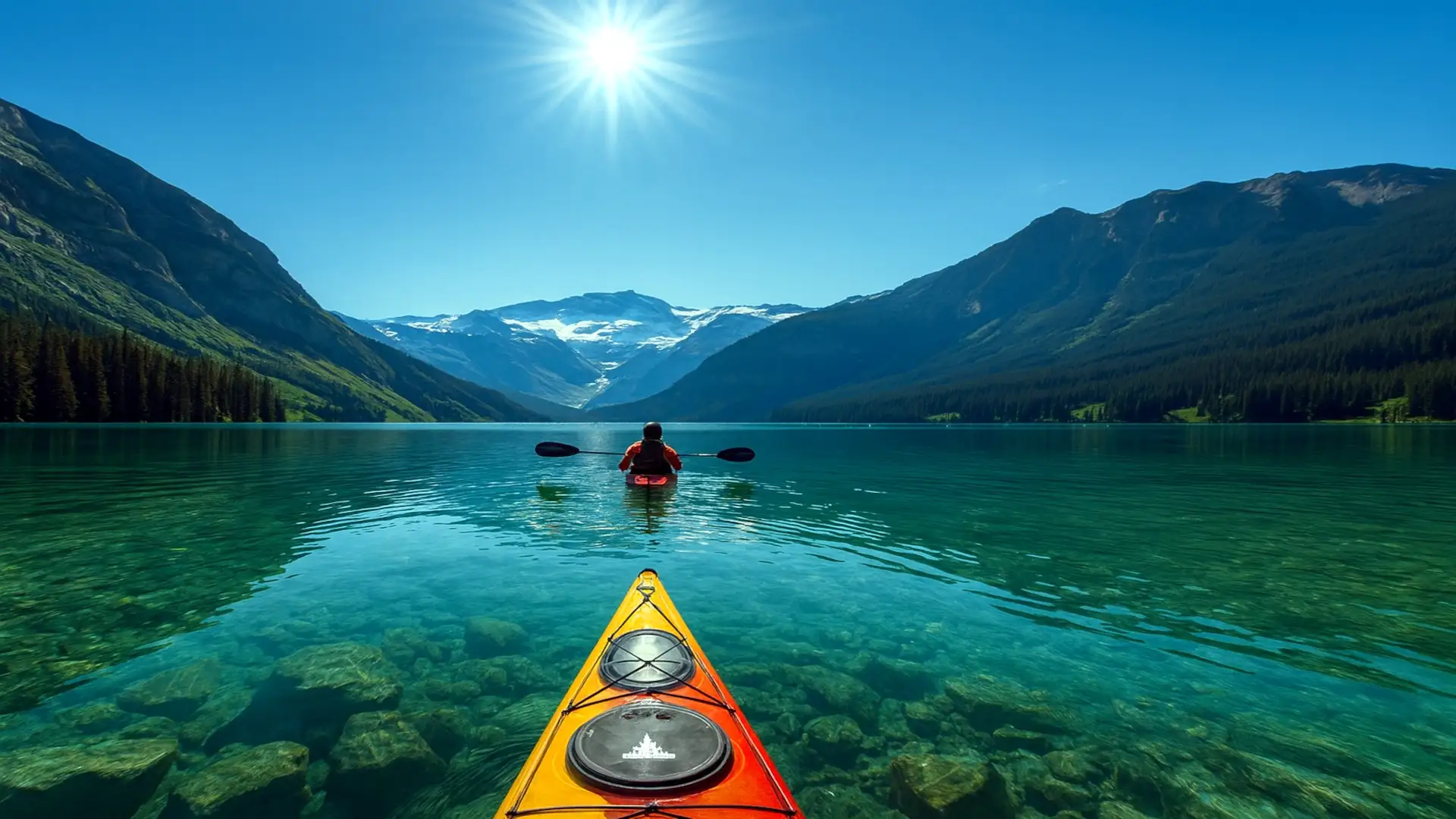 A bright orange kayak gliding on a crystal-clear Canadian lake surrounded by mountains, representing outdoor recreation and water adventure gear from MY-IVVI eParts & Gear.