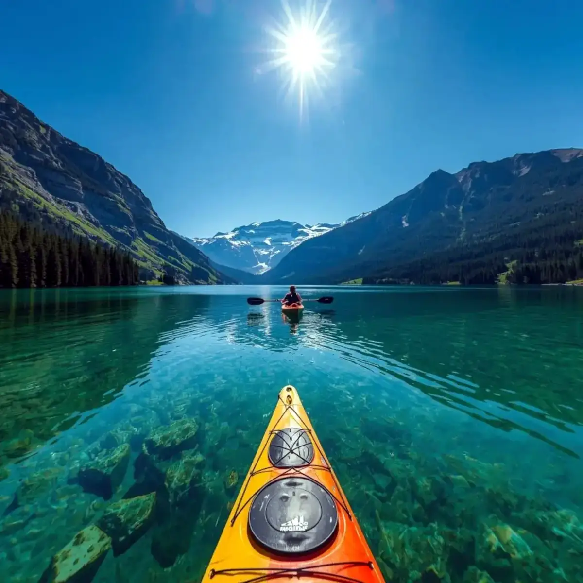 A bright orange kayak gliding on a crystal-clear Canadian lake surrounded by mountains, representing outdoor recreation and water adventure gear from MY-IVVI eParts & Gear.