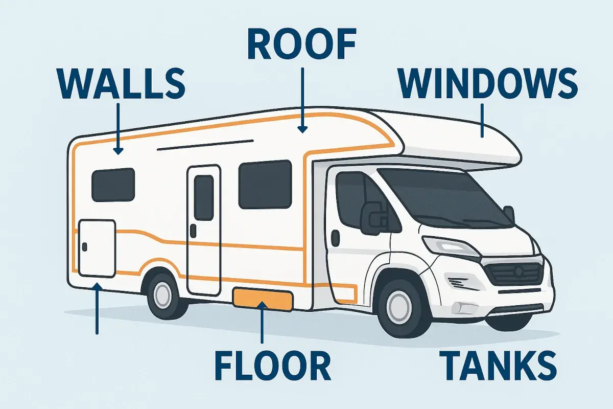 Diagram showing how to insulate an RV for a Canadian winter, including walls, floor, roof and windows