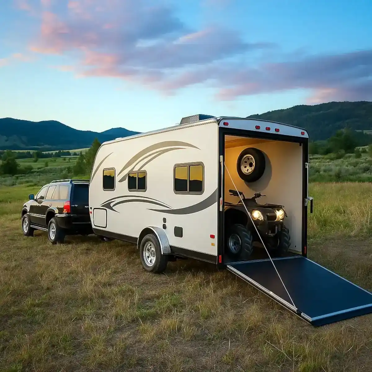 Pickup truck towing an RV travel trailer on a scenic countryside road with mountains at sunset.