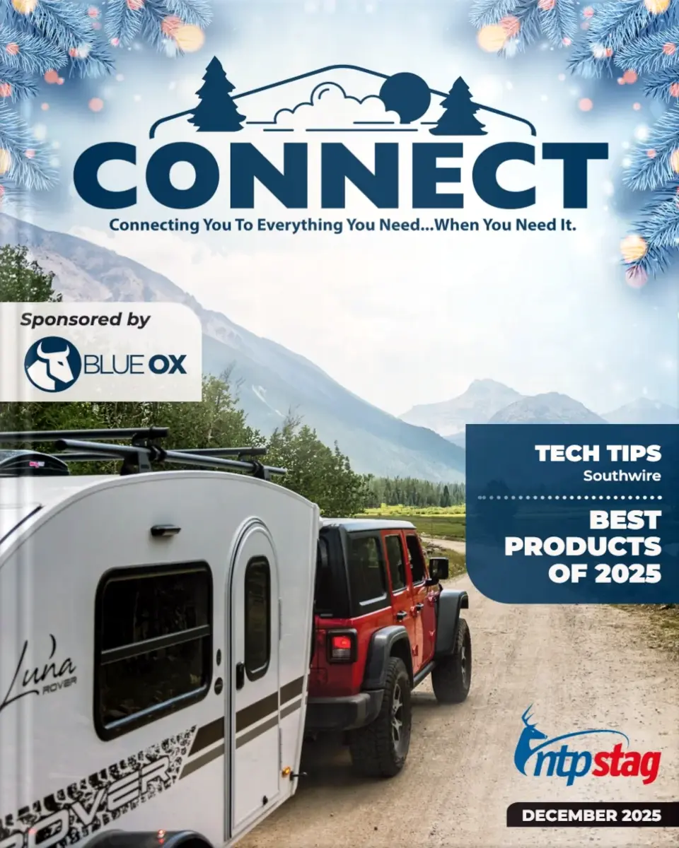 Connect Magazine – December 2025 issue cover with holiday RV, marine, trailer and towing parts from MY-IVVI eParts