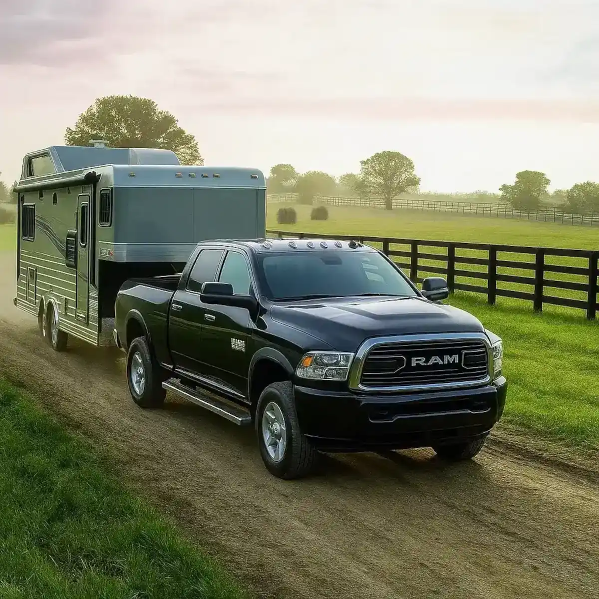 Black pickup truck towing a large RV trailer on a country road at sunset, representing towing and hauling equipment.