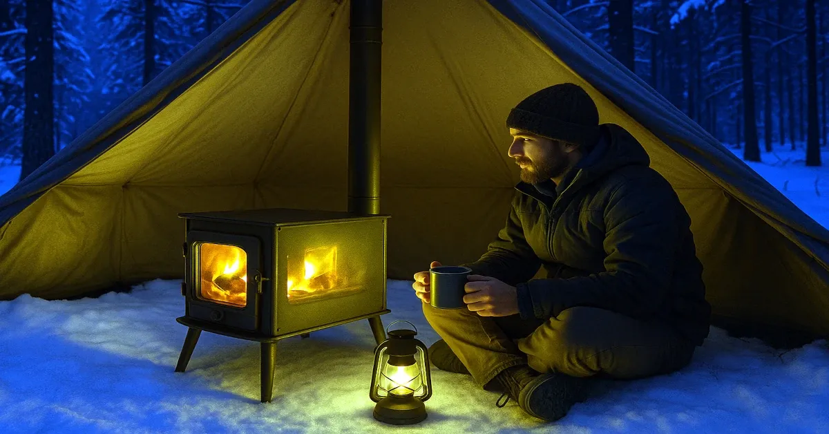 Winnerwell wood stove glowing inside a hot tent during winter camping in the snow