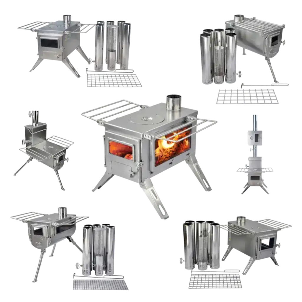 Winnerwell stainless steel wood stoves and pipe sets for camping and outdoor heating displayed on a transparent background.
