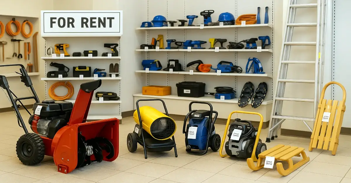 Modern rental shop with winter tools, snow blower, heater, ladders, power washer and snowshoes on display