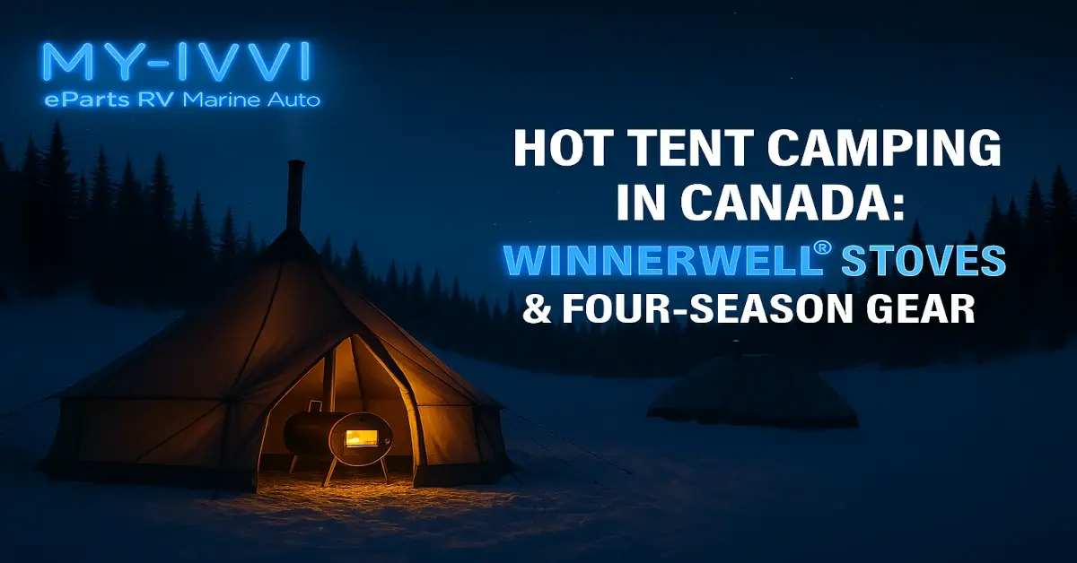 Hot tent camping in Canada with Winnerwell stove and MY-IVVI logo