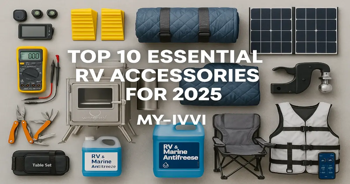 Flat-lay photo of essential RV accessories including solar panel, RV tool kit, tire pressure monitor, leveling blocks, and camping gear on a white background.