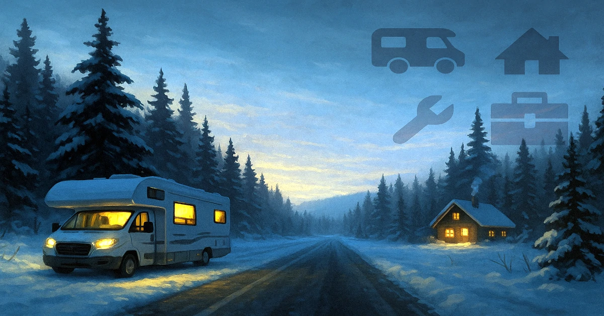 Winter RV and hot tent scene with MY-IVVI brands for winter-ready travel and projects in Canada