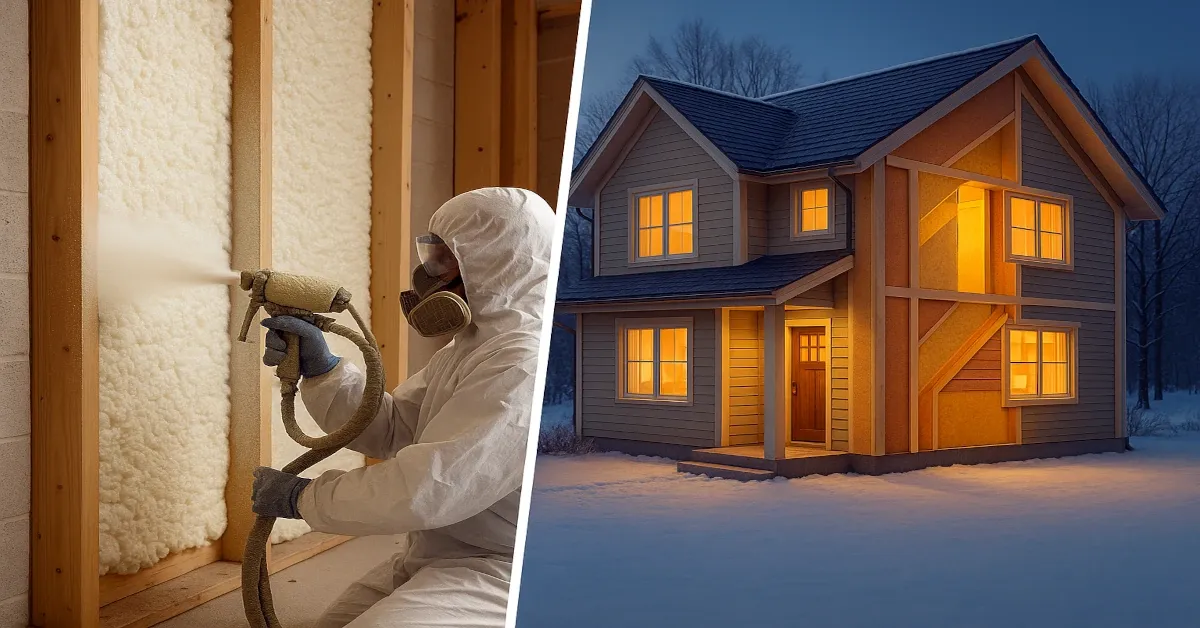 Technician spraying foam insulation in a garage wall next to a cutaway of a warm insulated home in winter