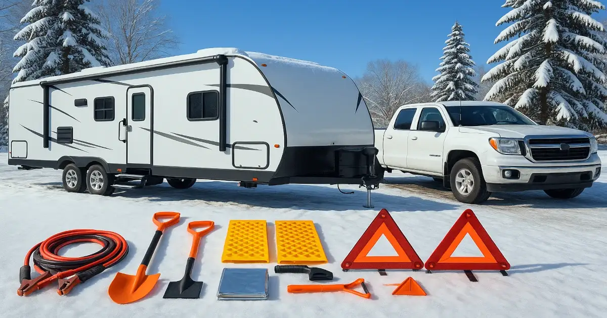 Winterized RV and pickup truck parked in a snowy driveway with roadside emergency kit laid out in front