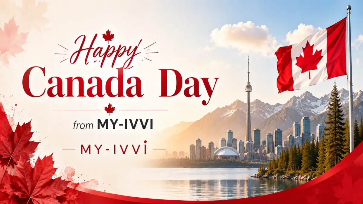 Happy Canada Day 2026 from MY-IVVI with Canadian flag, maple leaves, Toronto skyline, mountains, and lake scenery